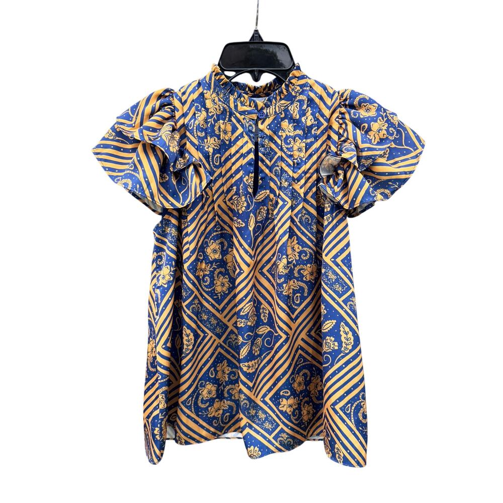 ALDEN ADAIR Mattie Ruffle Sleeve Top in Flourish Navy Small S
